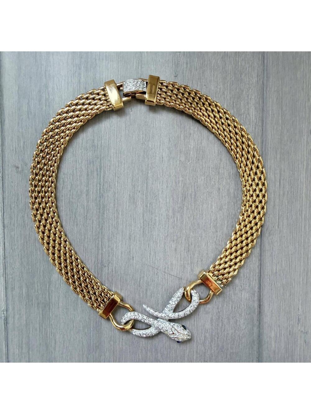 Vintage Gold Tone | Rhinestone Snake Chain Necklace - Picture 3 of 10